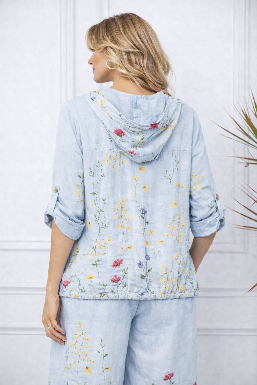 Floral Linen Button-Down Hoodie | SORELLA