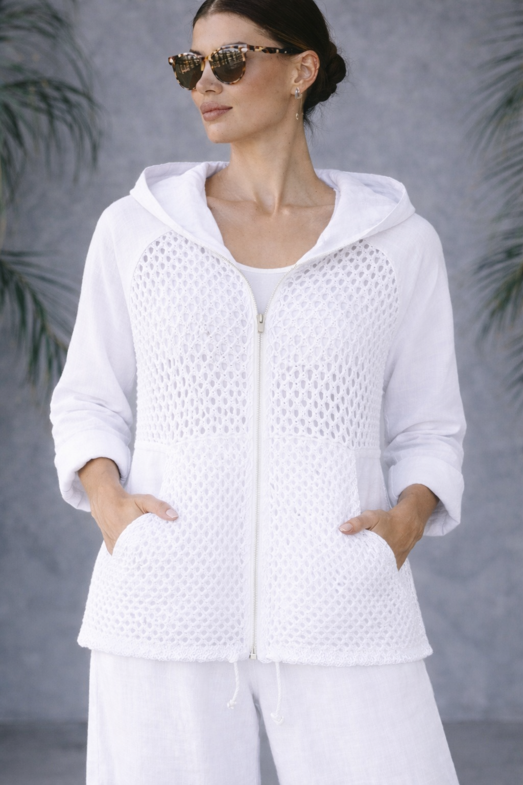 Italian Linen & Crochet Zip Hoodie Jacket – Lightweight Layer with Pockets