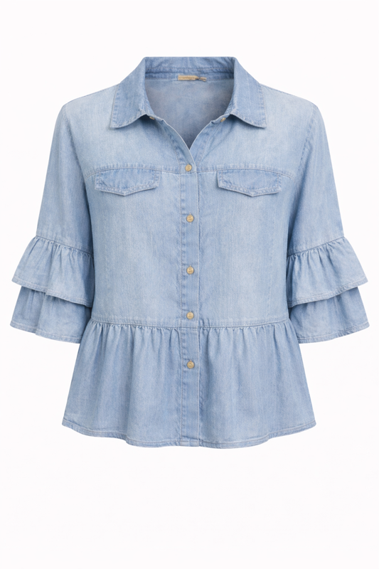 Italian Tencel Denim Blouse – Button Front Peplum Top | Soft Lightweight Shirt