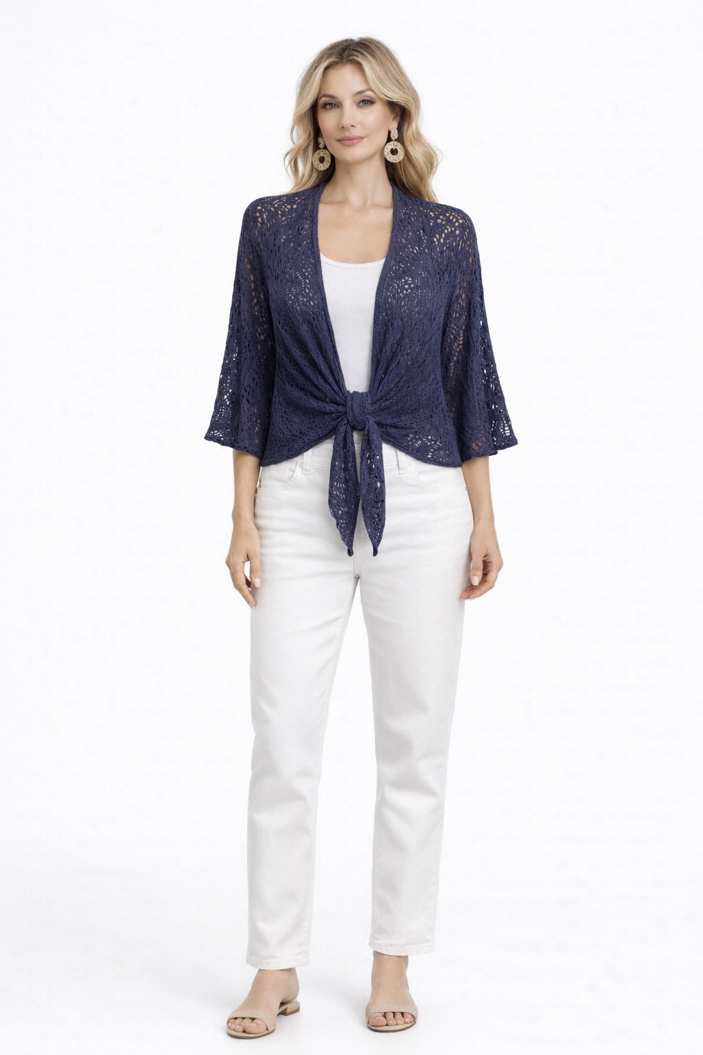 Navy Lace Look Tie-Front Cardigan – Lightweight Knit, 3/4 Sleeve, Relaxed Fit Layering Top