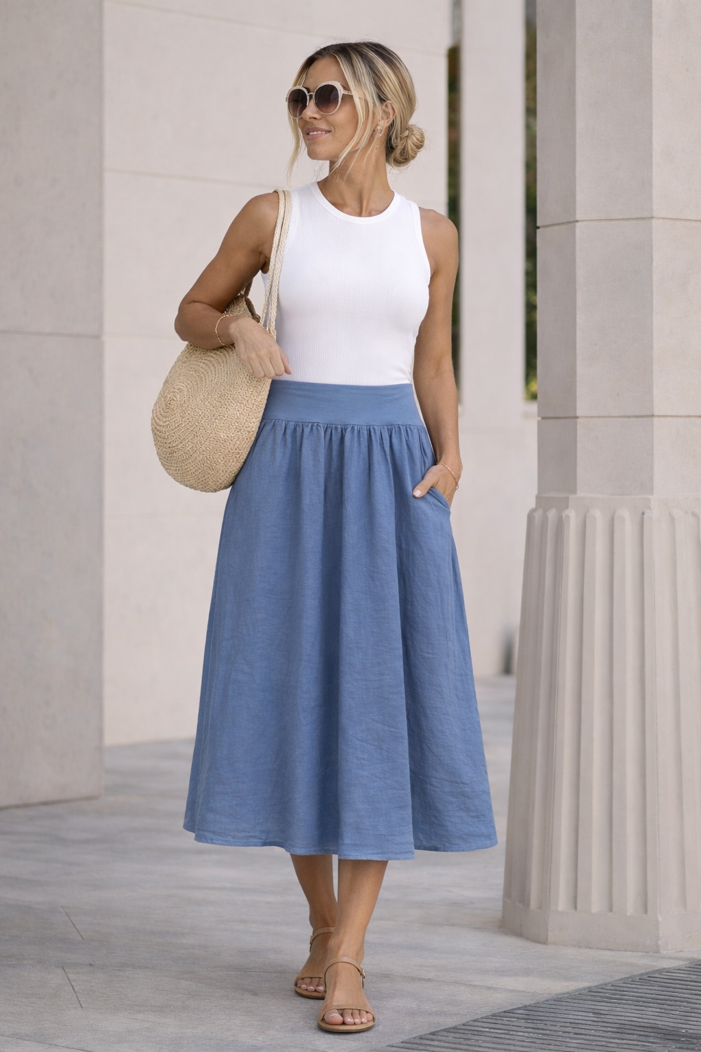 Italian Linen Midi Skirt – Soft Blue A-Line Skirt with Elastic Waist | Lightweight Summer Skirt for Women