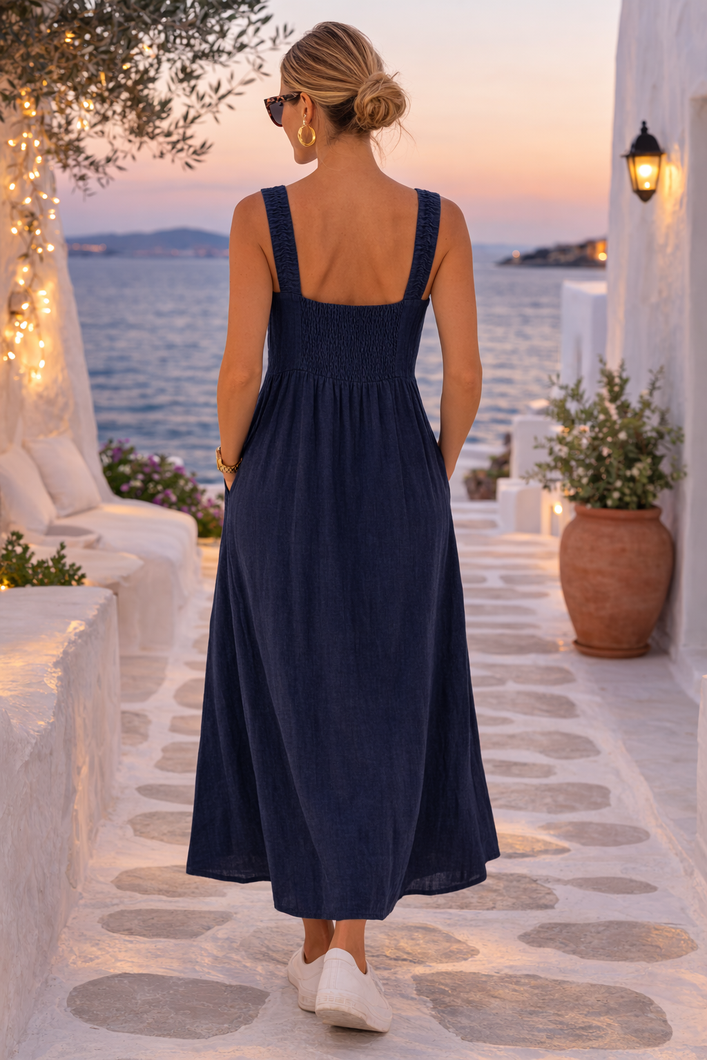 Classic Linen Maxi Dress With Side Split - Navy | Eternelle