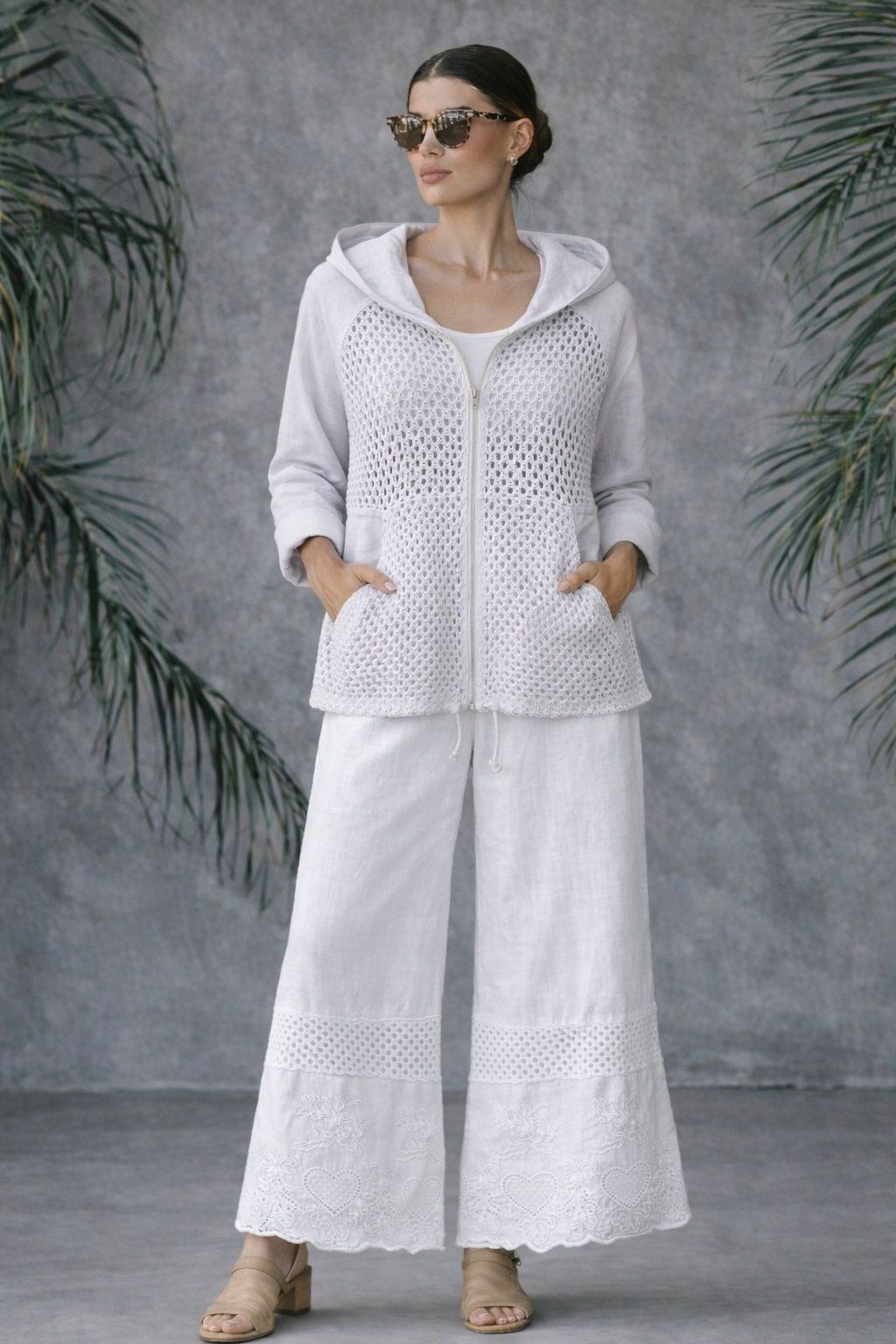 Italian Linen & Crochet Zip Hoodie Jacket – Lightweight Layer with Pockets Grey