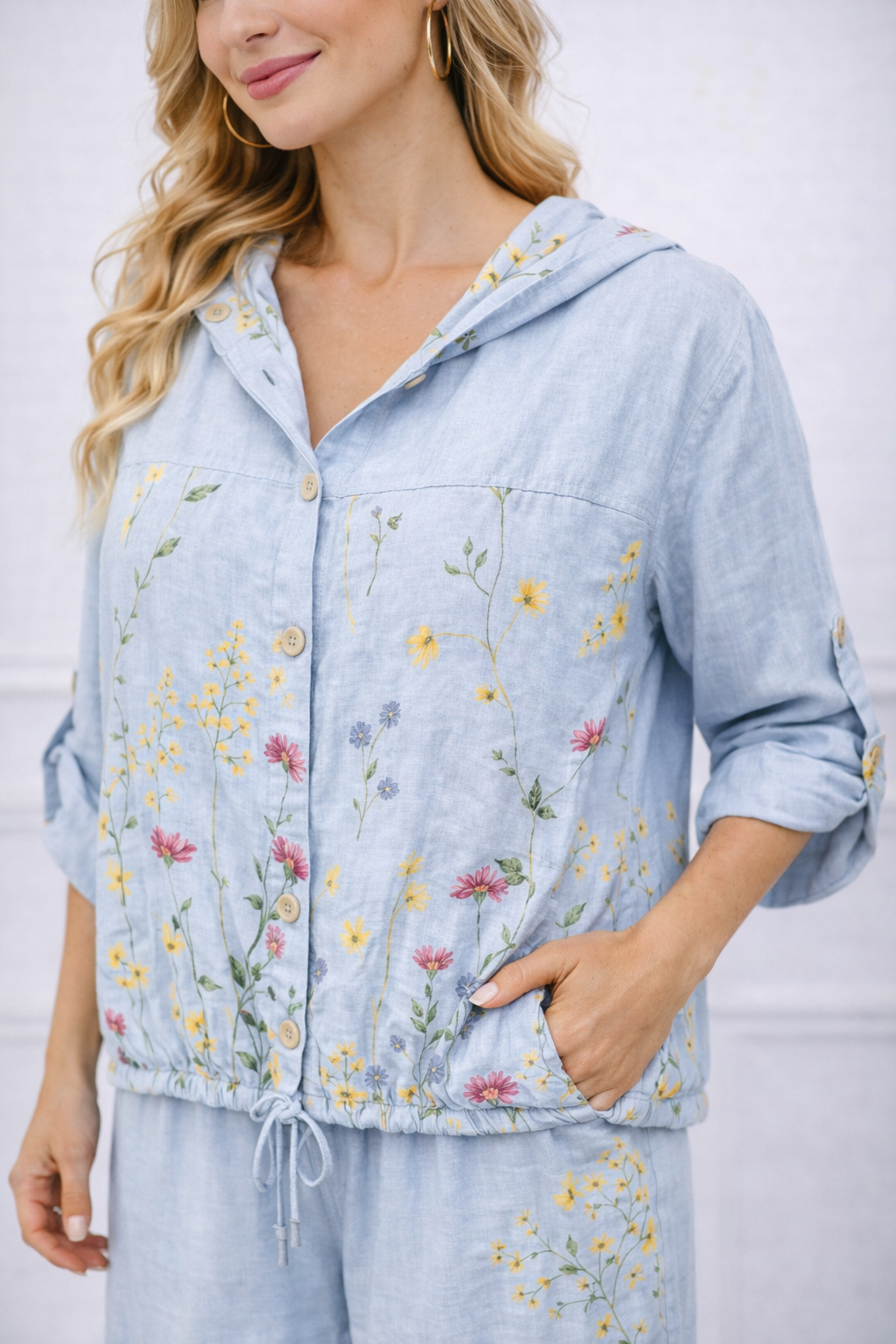 Floral Linen Button-Down Hoodie | SORELLA