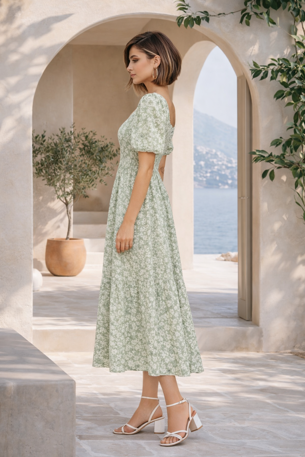 Sage Floral Open-Back Midi Dress