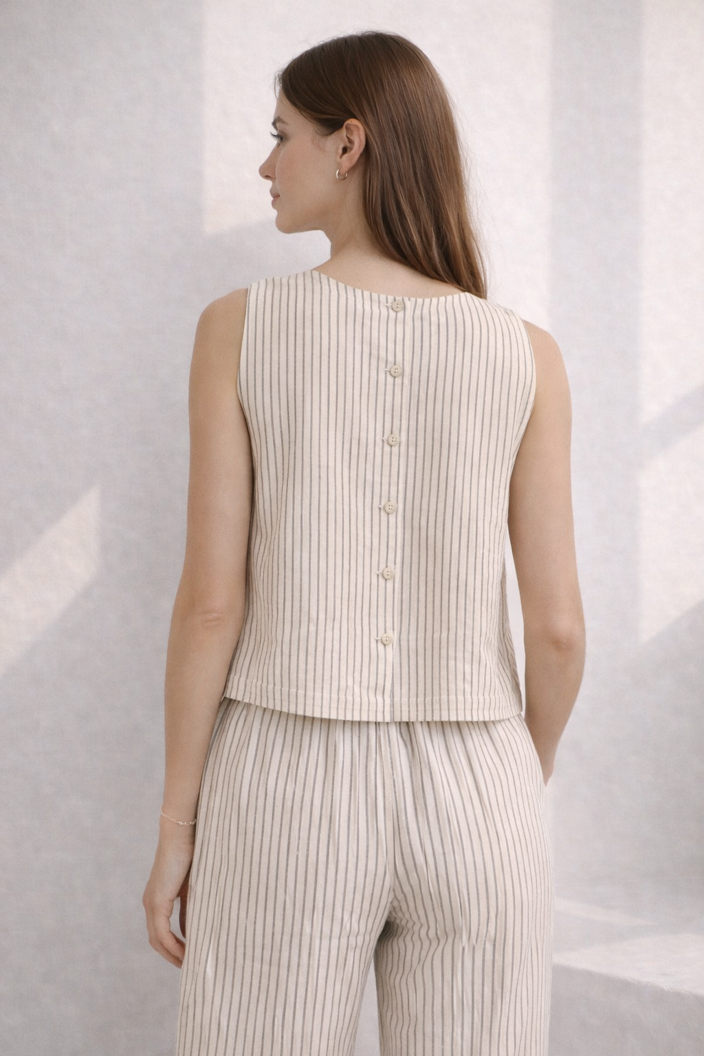 Striped Linen Sleeveless Top – Natural Beige Lightweight Summer Blouse