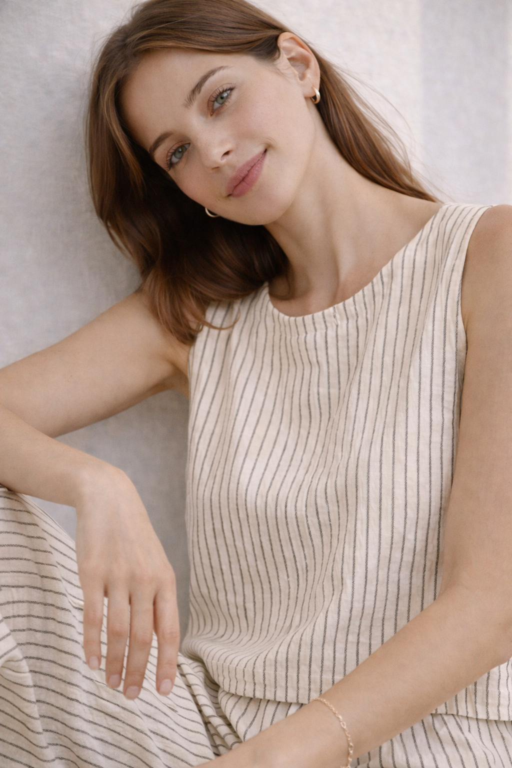 Striped Linen Sleeveless Top – Natural Beige Lightweight Summer Blouse