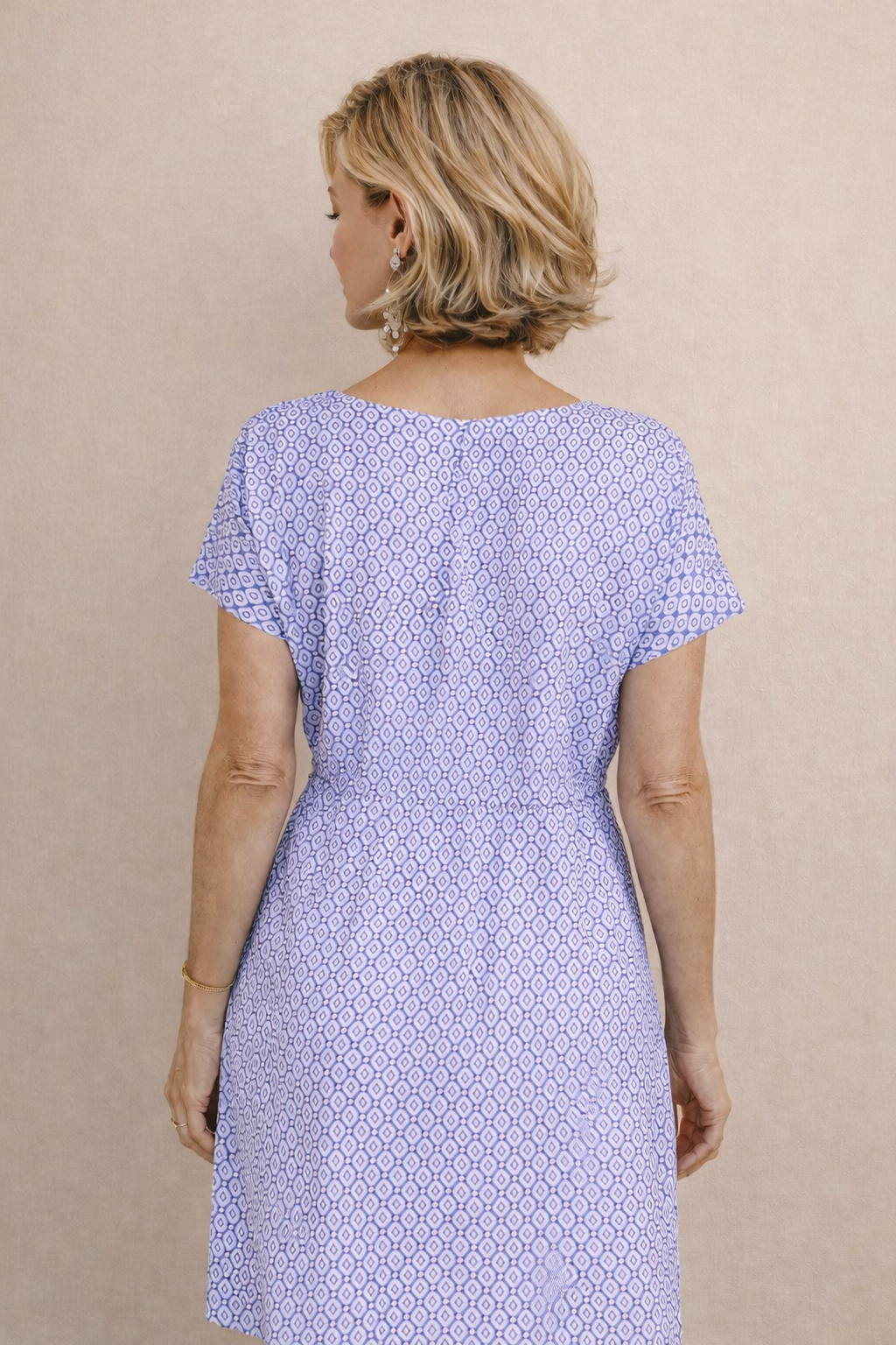 Women’s Blue Geometric Print Dress | Lightweight Summer Dress with Waist Tie | Flattering Fit for Mature Women
