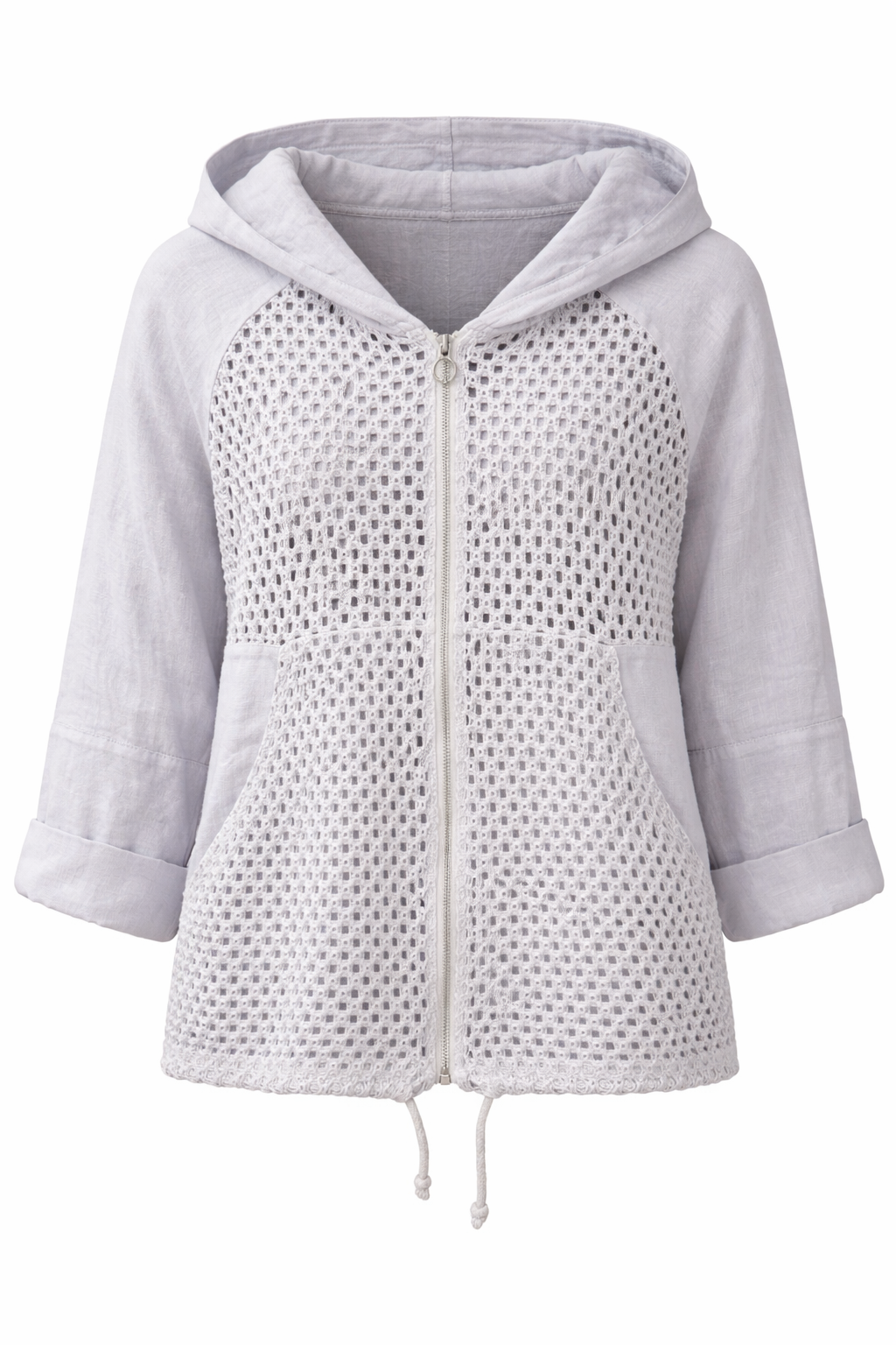 Italian Linen & Crochet Zip Hoodie Jacket – Lightweight Layer with Pockets Grey