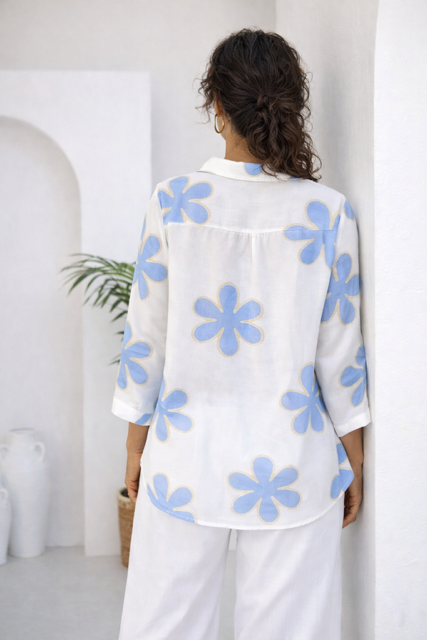 Italian Linen Blend Floral Tunic Top – Relaxed Fit 3/4 Sleeve Blouse
