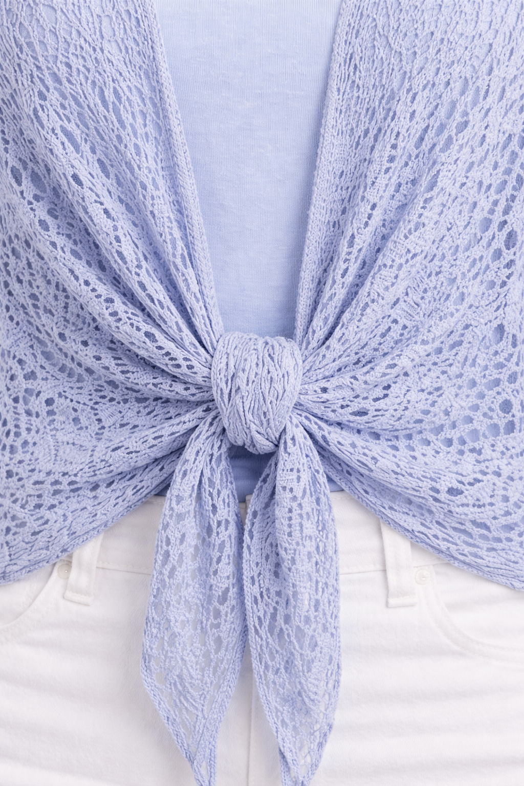 Periwinkle Crochet Tie-Front Cardigan – Lightweight Knit, 3/4 Sleeve, Relaxed Fit Layering Top