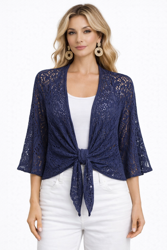 Navy Lace Look Tie-Front Cardigan – Lightweight Knit, 3/4 Sleeve, Relaxed Fit Layering Top