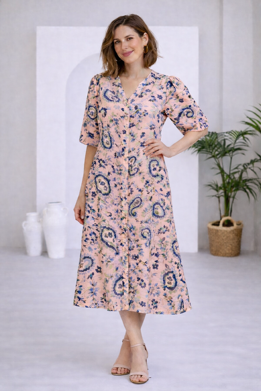Flowy V-neck Button Down Dress | FRANSA