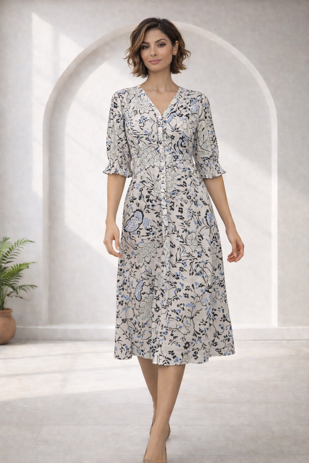 Botanical Button Down Midi Dress | Fransa