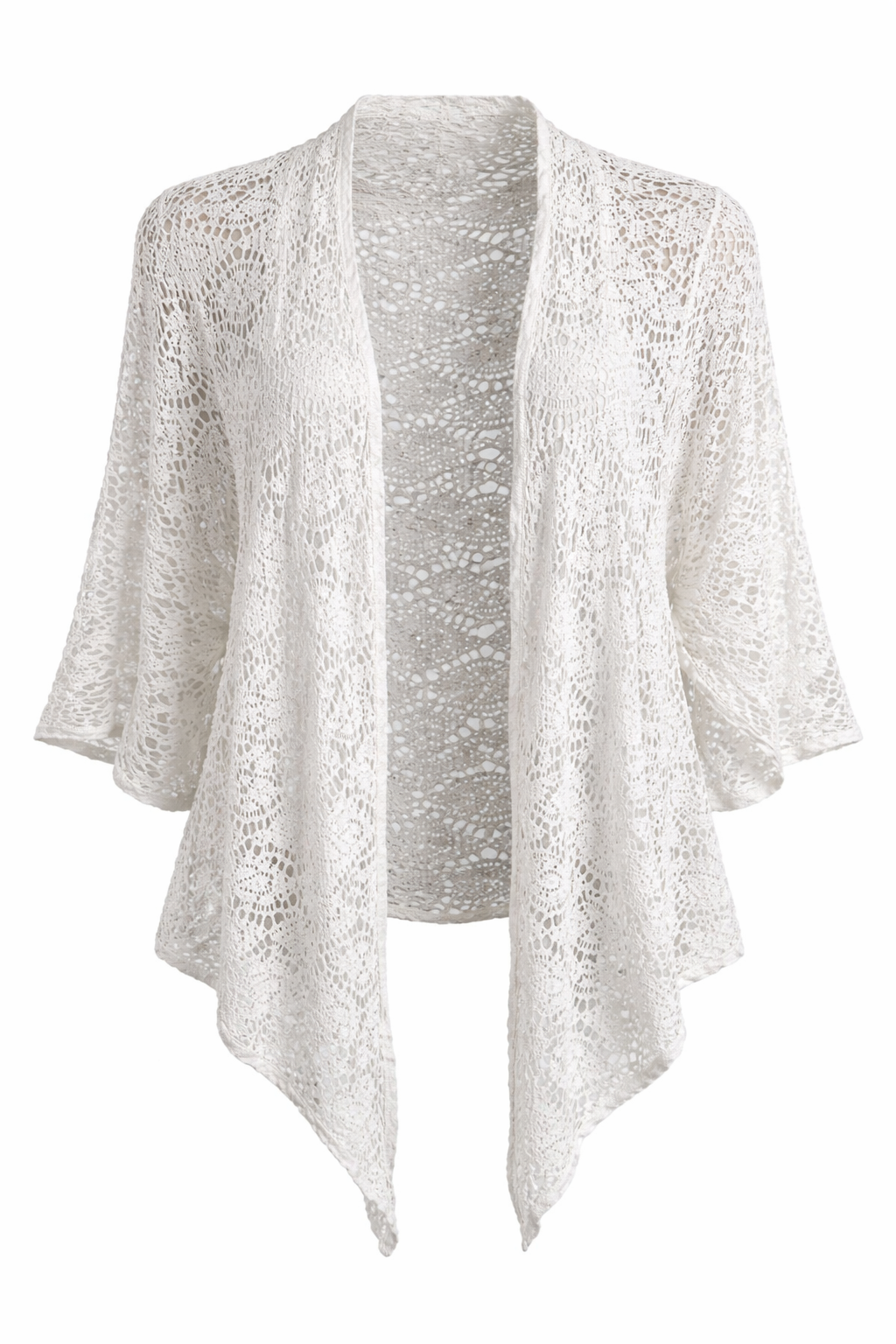 White Crochet Tie-Front Cardigan – Lightweight Knit, 3/4 Sleeve, Relaxed Fit Layering Top