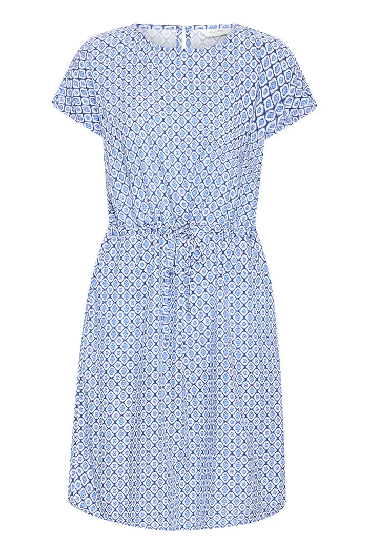 Women’s Blue Geometric Print Dress | Lightweight Summer Dress with Waist Tie | Flattering Fit for Mature Women