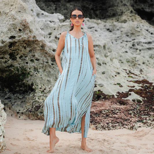 Bali Tie-Dye Rayon Maxi Dress – Aqua Green, Adjustable Straps, Relaxed Fit,