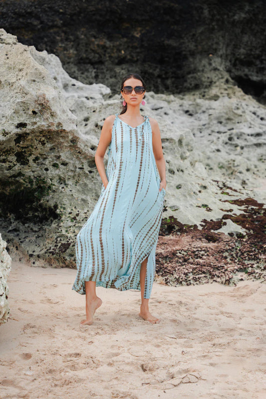 Bali Tie-Dye Rayon Maxi Dress – Aqua Green, Adjustable Straps, Relaxed Fit,