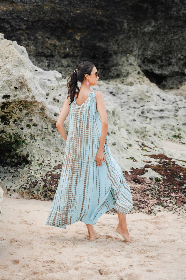 Bali Tie-Dye Rayon Maxi Dress – Aqua Green, Adjustable Straps, Relaxed Fit,