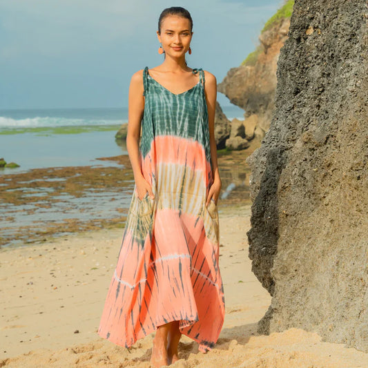 Bali Tie-Dye Rayon Maxi Dress – Coral, Adjustable Straps, Relaxed Fit