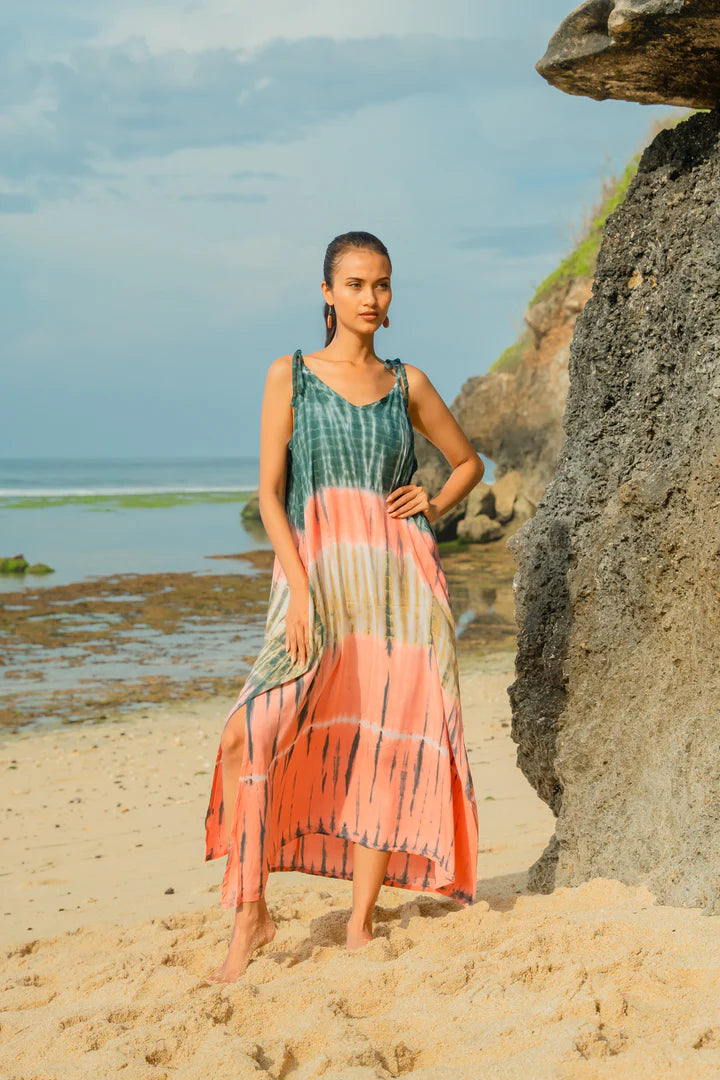 Bali Tie-Dye Rayon Maxi Dress – Coral, Adjustable Straps, Relaxed Fit