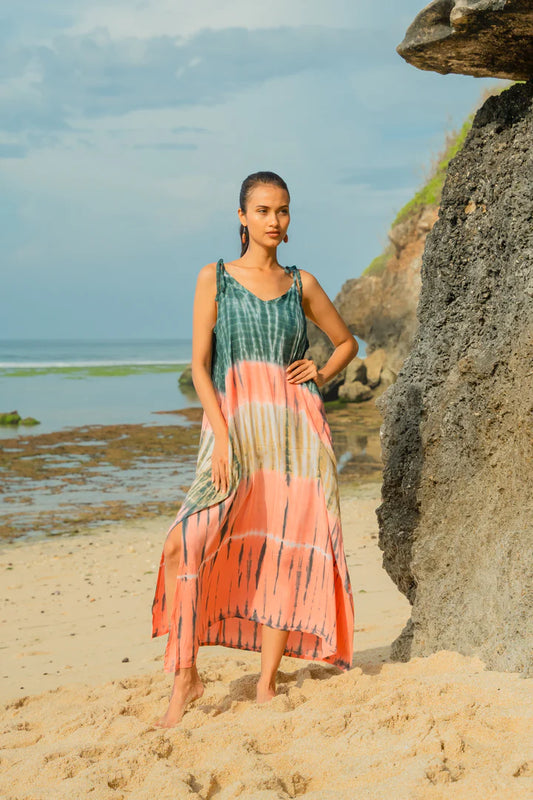 Bali Tie-Dye Rayon Maxi Dress – Coral, Adjustable Straps, Relaxed Fit