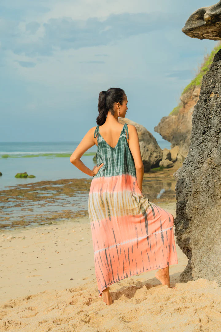 Bali Tie-Dye Rayon Maxi Dress – Coral, Adjustable Straps, Relaxed Fit