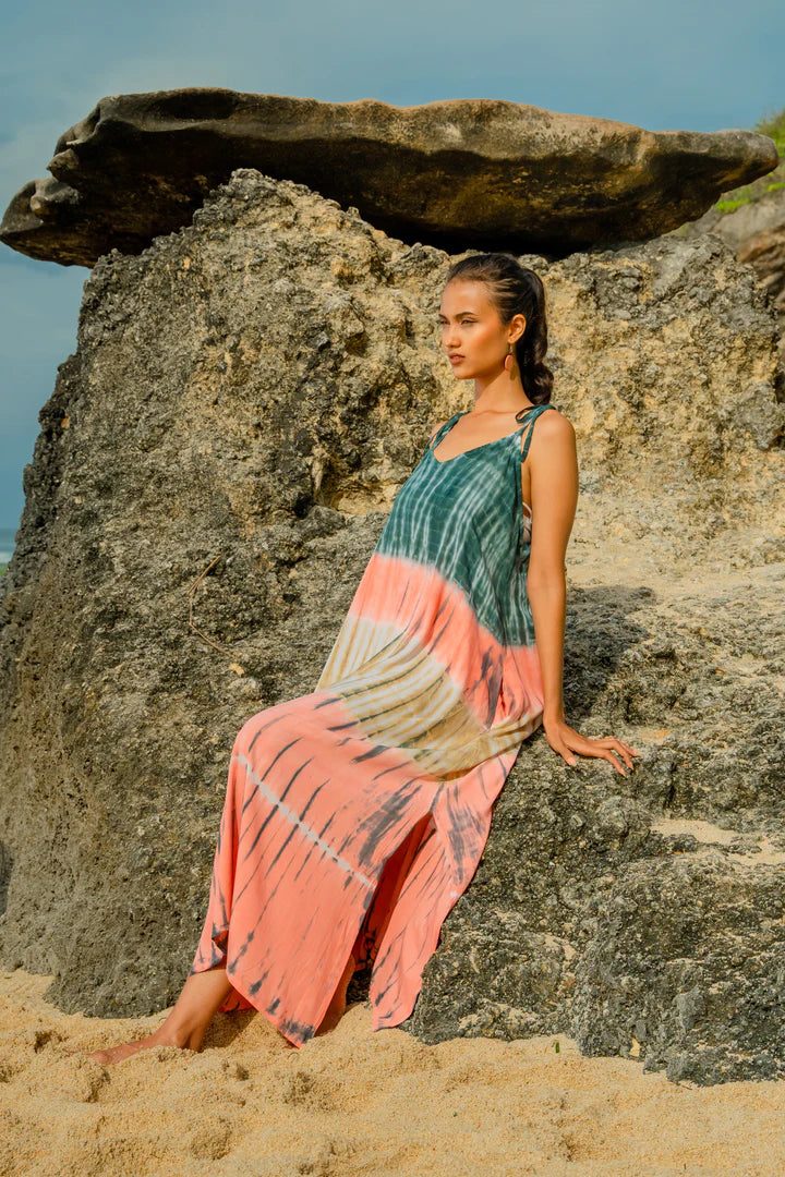 Bali Tie-Dye Rayon Maxi Dress – Coral, Adjustable Straps, Relaxed Fit