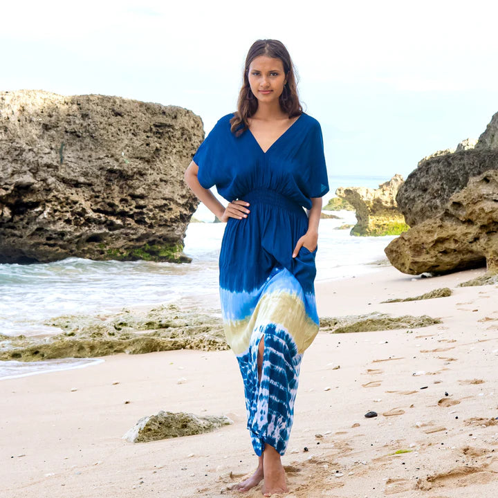 Bali Tie-Dye Maxi Dress – Blue,  Relaxed Fit, Lightweight Rayon,