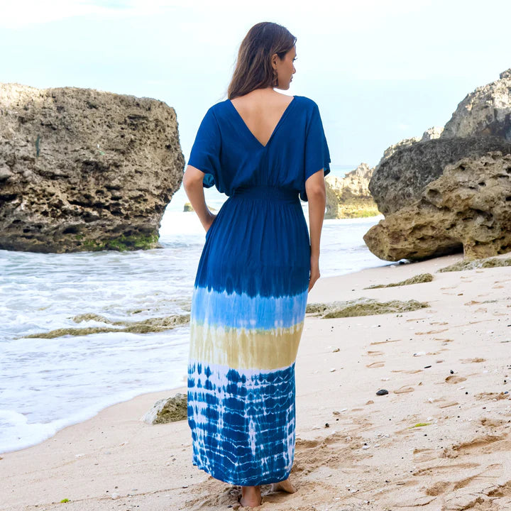 Bali Tie-Dye Maxi Dress – Blue,  Relaxed Fit, Lightweight Rayon,