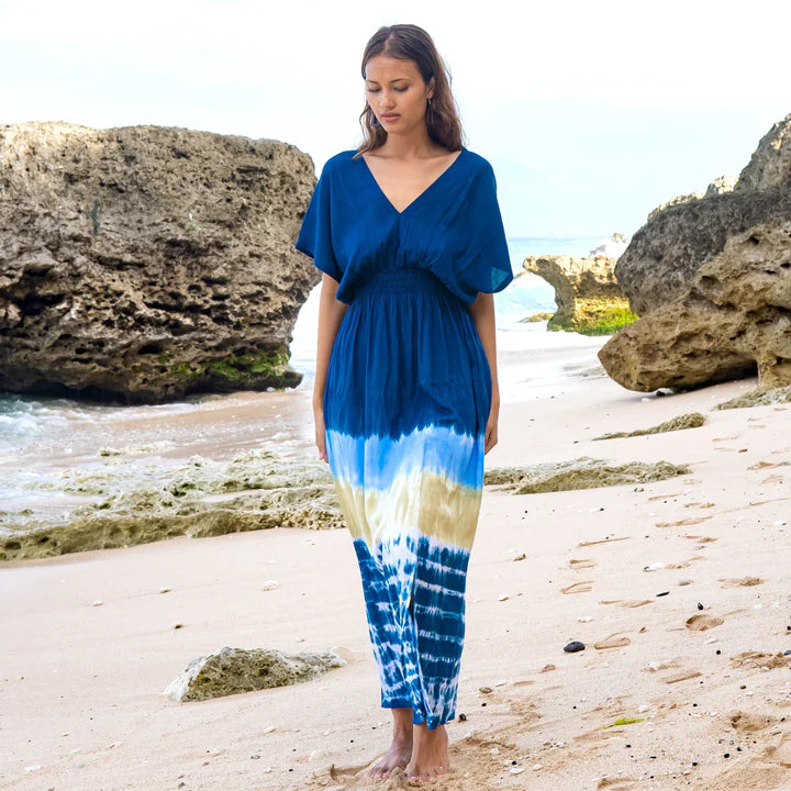Bali Tie-Dye Maxi Dress – Blue,  Relaxed Fit, Lightweight Rayon,