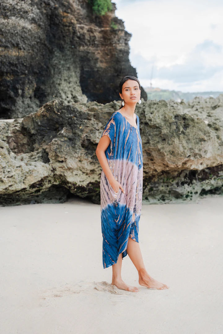 Bali Tie-Dye Kaftan Dress – Blue & Sand, Relaxed Fit, Lightweight Rayon, One Size
