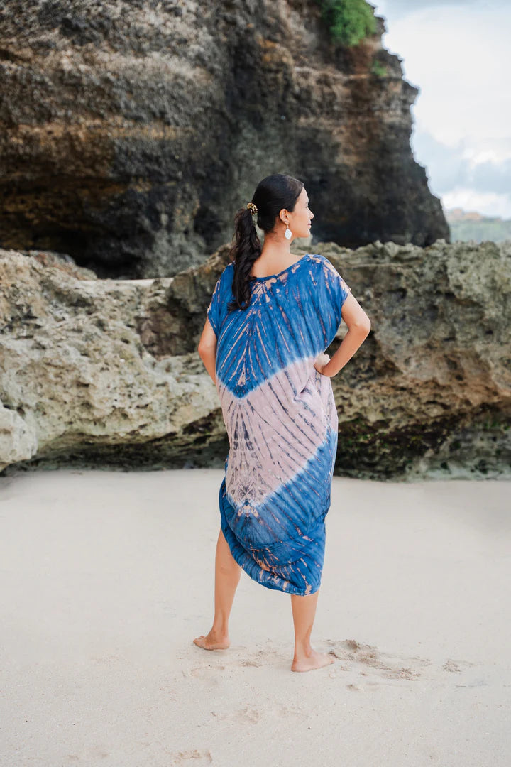 Bali Tie-Dye Kaftan Dress – Blue & Sand, Relaxed Fit, Lightweight Rayon, One Size