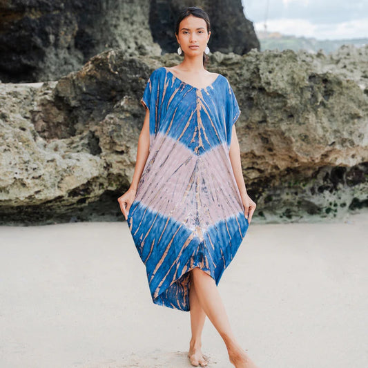 Bali Tie-Dye Kaftan Dress – Blue & Sand, Relaxed Fit, Lightweight Rayon, One Size