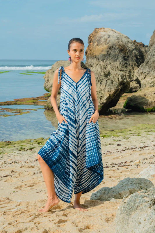 Bali Blue Tie-Dye  Jumpsuit – Relaxed Wide Leg, Adjustable Straps, One Size