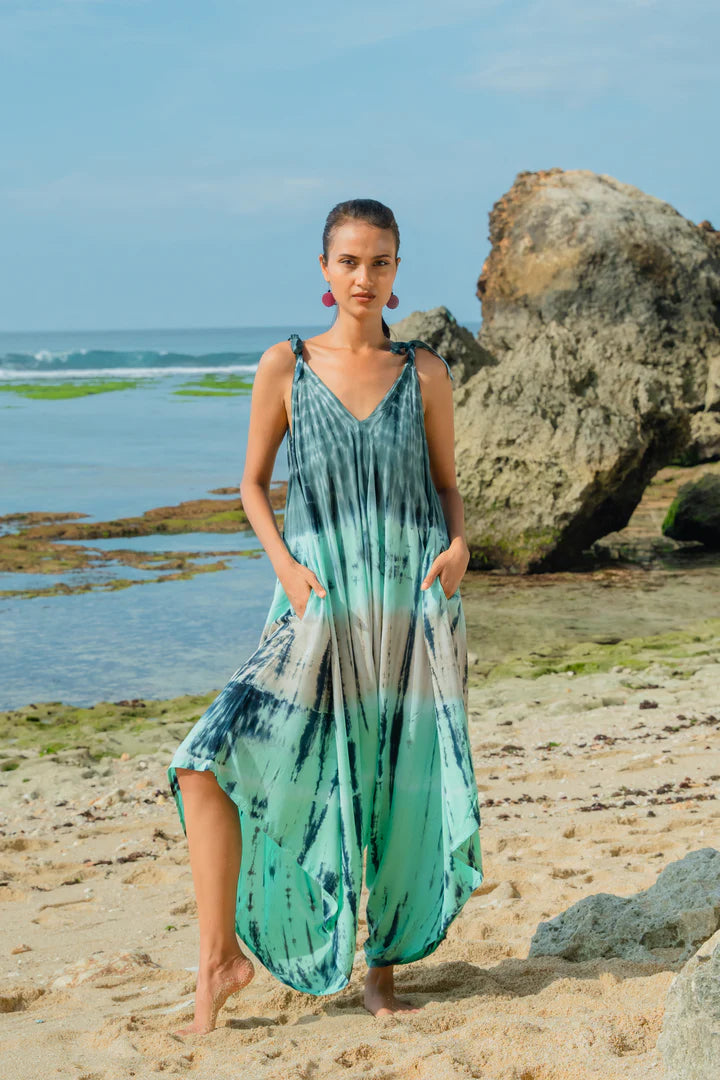 Bali Turquoise Tie-Dye Jumpsuit – Relaxed Wide Legged, Adjustable Straps, One Size