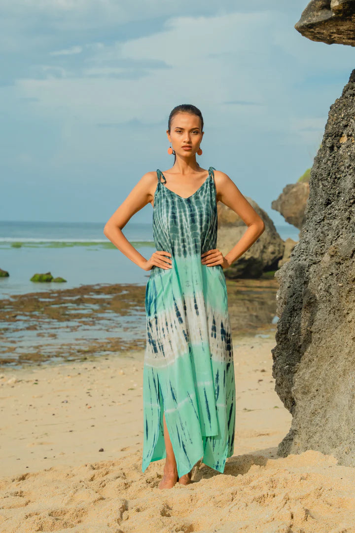 Bali Tie-Dye Rayon Maxi Dress – Aqua Green, Adjustable Straps, Relaxed Fit,