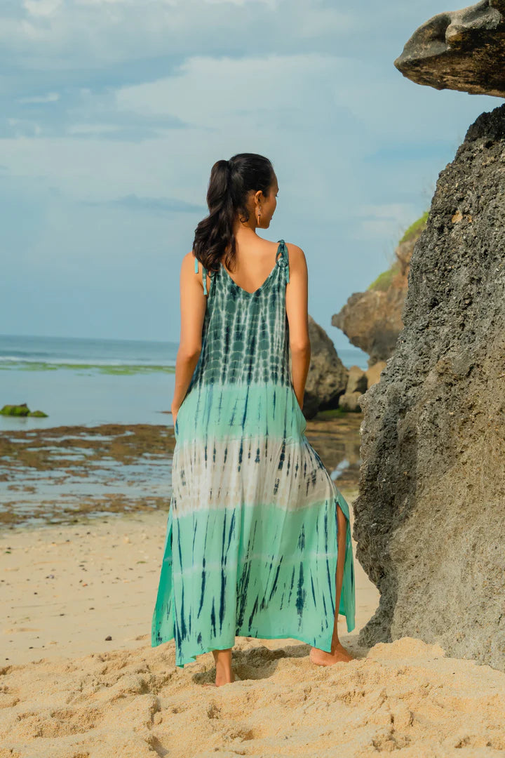 Bali Tie-Dye Rayon Maxi Dress – Aqua Green, Adjustable Straps, Relaxed Fit,