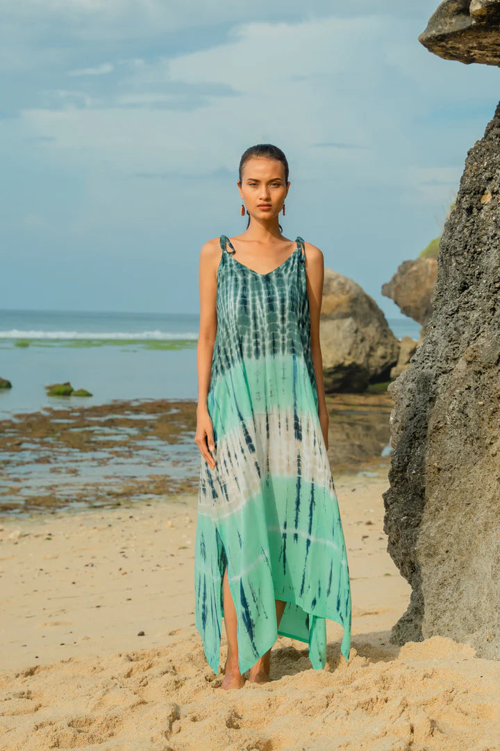 Bali Tie-Dye Rayon Maxi Dress – Aqua Green, Adjustable Straps, Relaxed Fit,