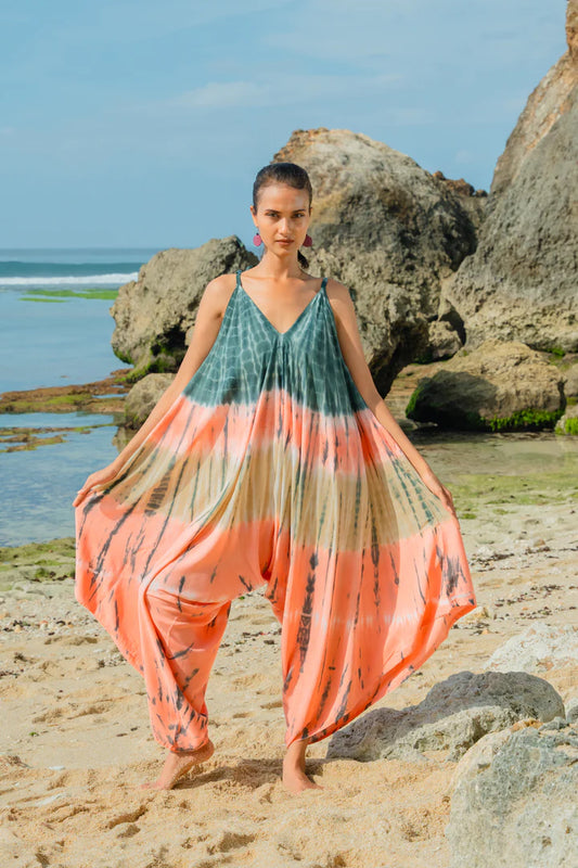 Bali Coral Tie-Dye Rayon Blend Jumpsuit – Relaxed Wide Leg, Adjustable Straps, One Size
