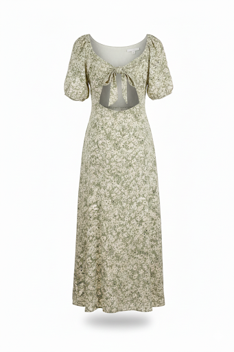 Sage Floral Open-Back Midi Dress