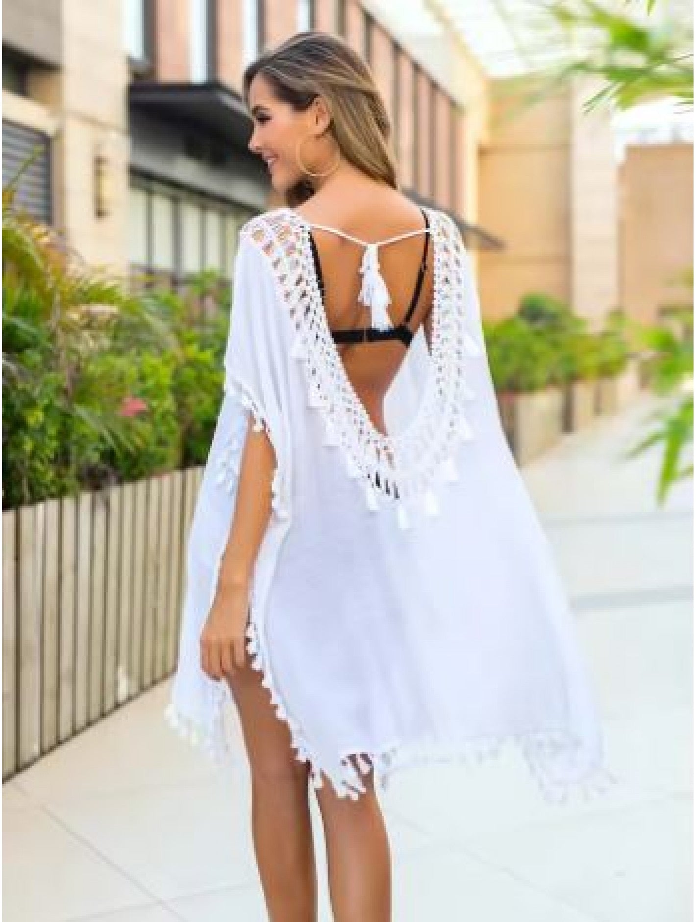 White Boho Viscose Beach Cover-Up – Open Back Tassel Tunic | Lightweight Resort Wear