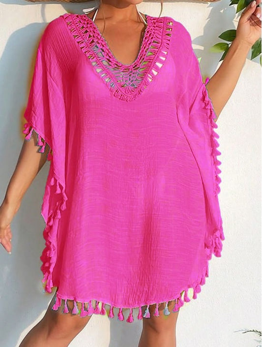 Pink Boho Viscose Beach Cover-Up Dress – Tassel Trim V-Neck Tunic