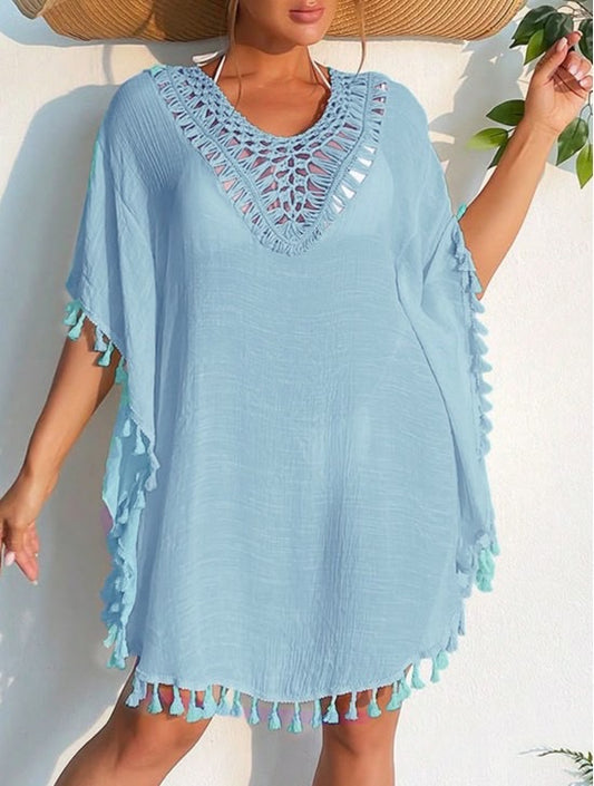 Powder Blue Boho Viscose Beach Cover-Up Dress – Lightweight Tassel Trim V-Neck Tunic