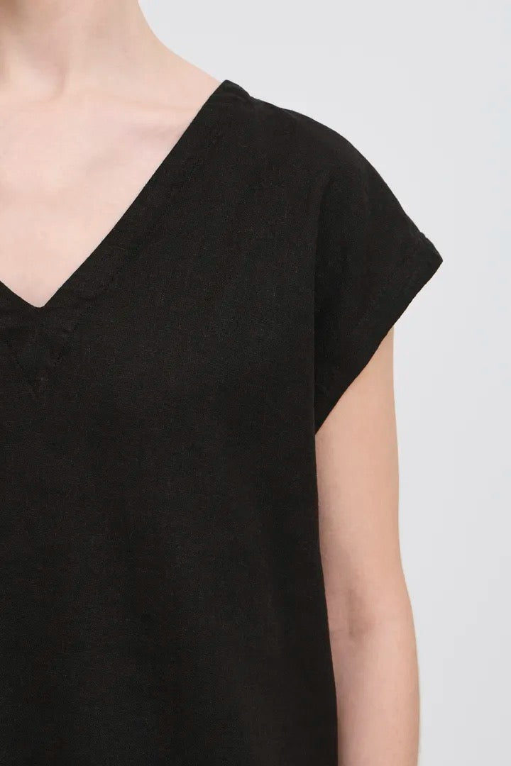 Black European Linen Blend V-Neck Sleeveless Blouse – Relaxed Fit | Lightweight Breathable Top
