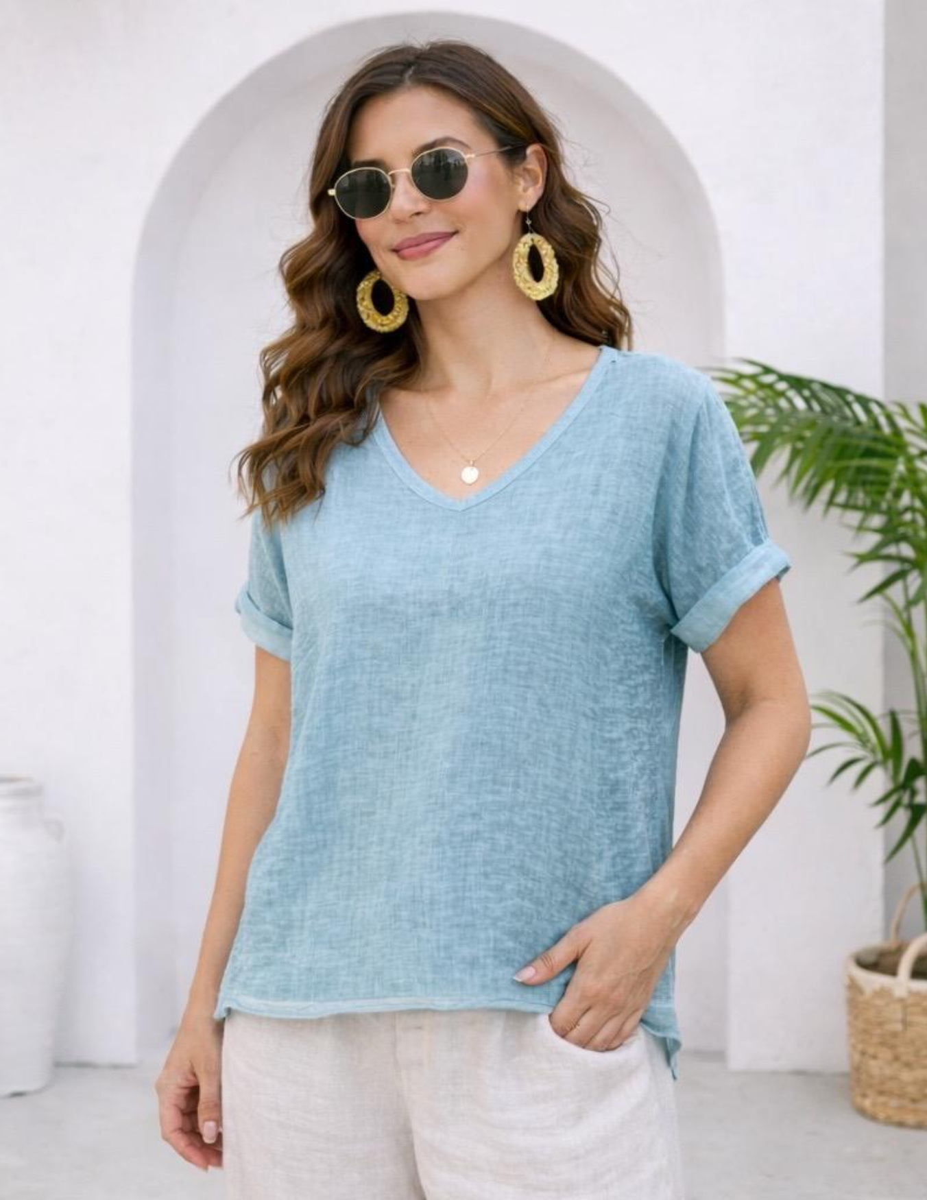 Breezy V-Neck Linen Tee - Powder Blue