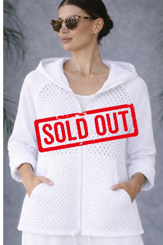 Italian Linen & Crochet Zip Hoodie Jacket – Lightweight Layer with Pockets