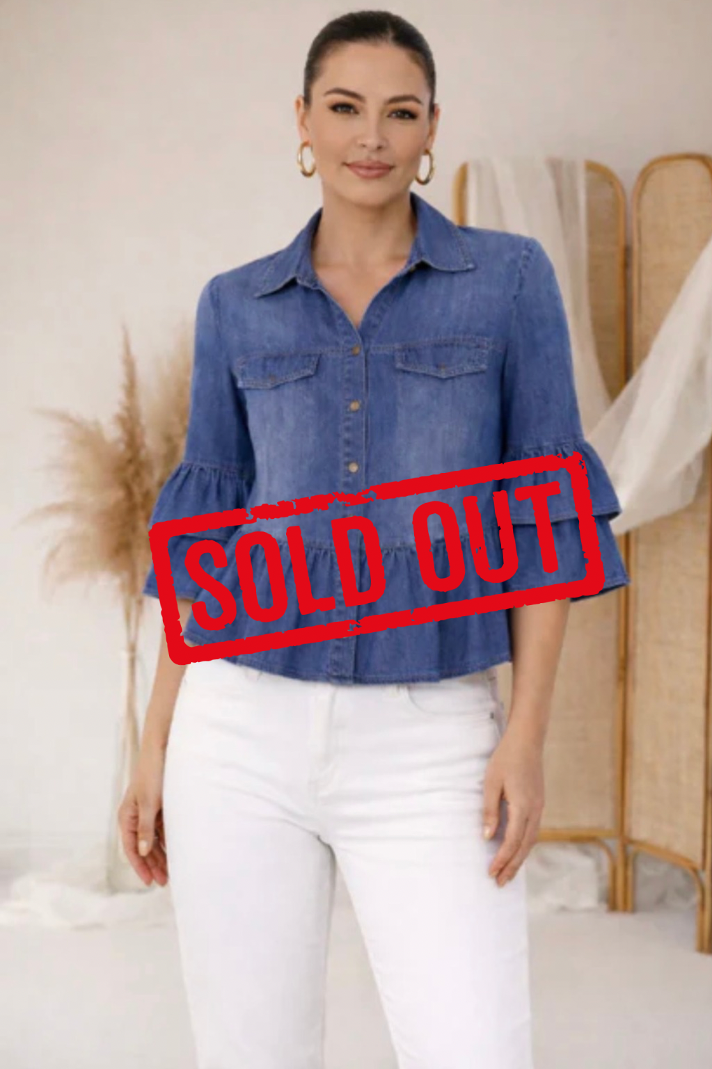 Italian Tencel Denim Blouse – Button Front Peplum Top | Soft Lightweight Shirt
