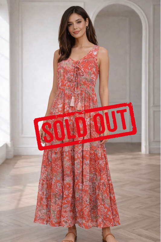 Coral Floral Tiered Maxi Dress with Tassel Tie Neck | Lightweight Summer Dress for Women