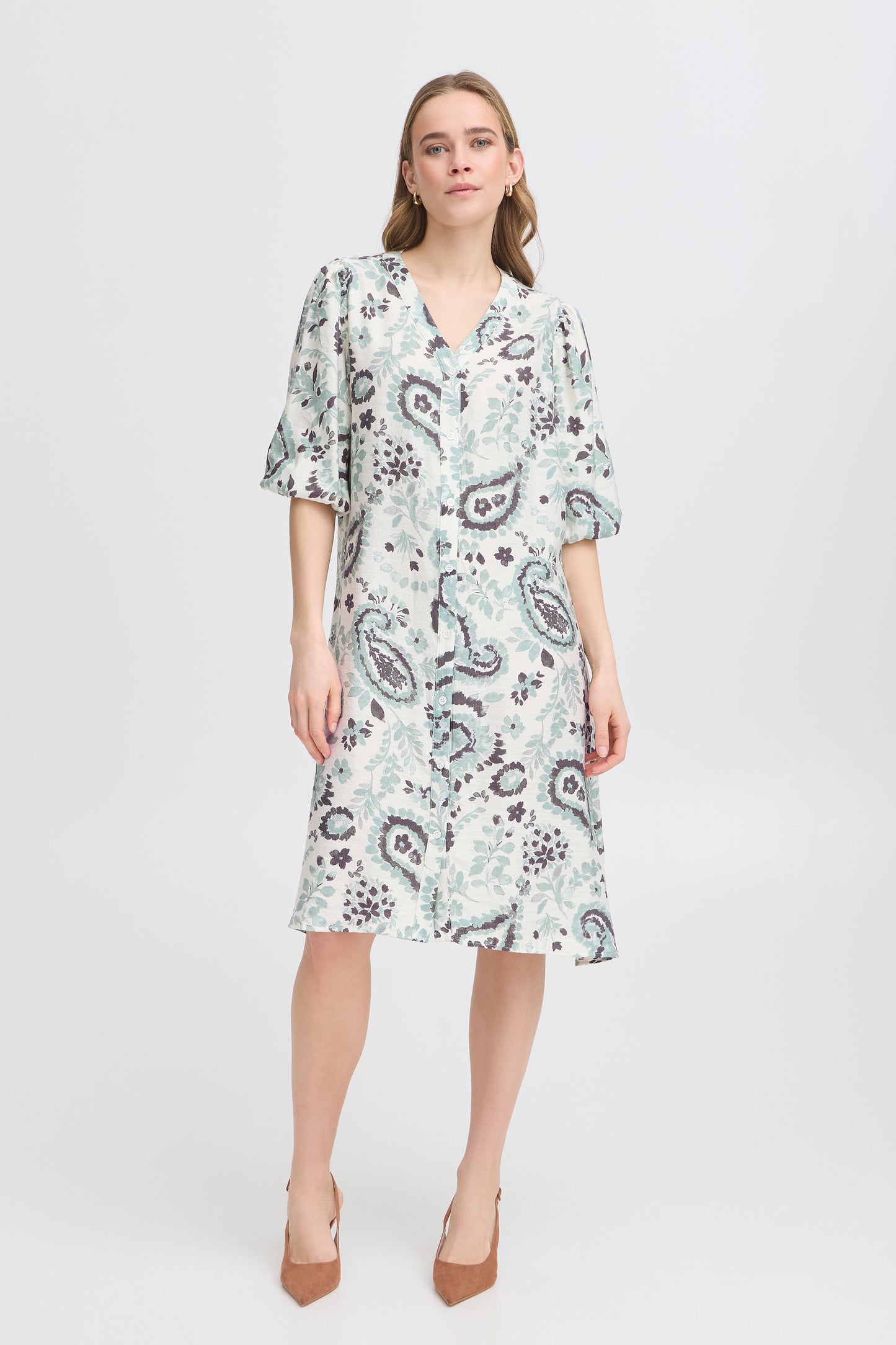 Flowy V-neck Button Down Dress | FRANSA - X-Small, Frosty Green image